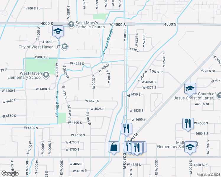 map of restaurants, bars, coffee shops, grocery stores, and more near 4384 South 3600 West in West Haven