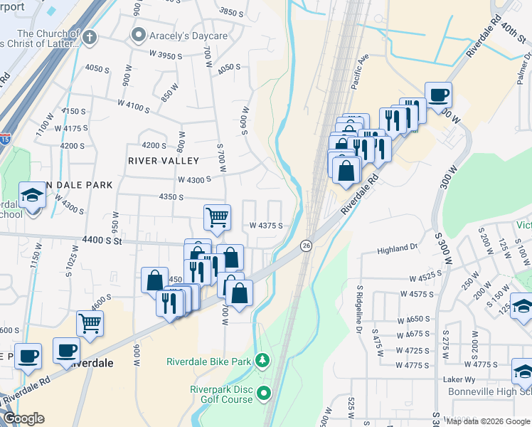 map of restaurants, bars, coffee shops, grocery stores, and more near 4375 South Weber River Drive in Riverdale