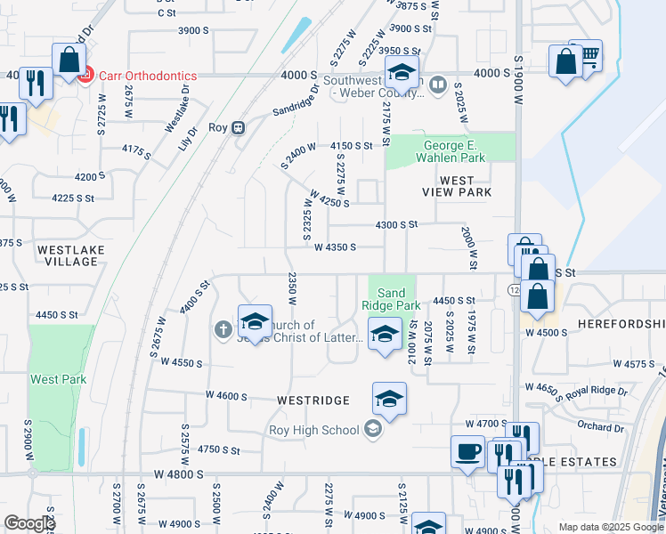 map of restaurants, bars, coffee shops, grocery stores, and more near 2295 West 4350 South in Roy
