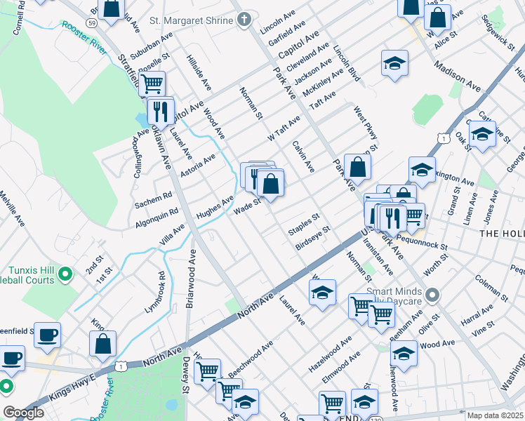 map of restaurants, bars, coffee shops, grocery stores, and more near 909 Wood Avenue in Bridgeport