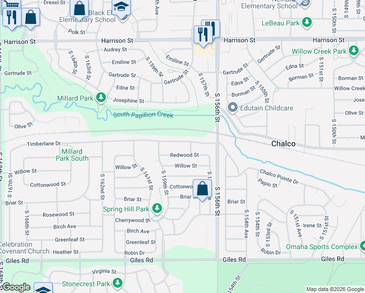 map of restaurants, bars, coffee shops, grocery stores, and more near 15817 Timberlane Drive in Omaha