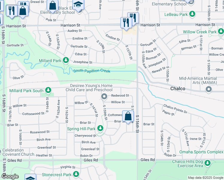map of restaurants, bars, coffee shops, grocery stores, and more near 15817 Timberlane Dr in Omaha