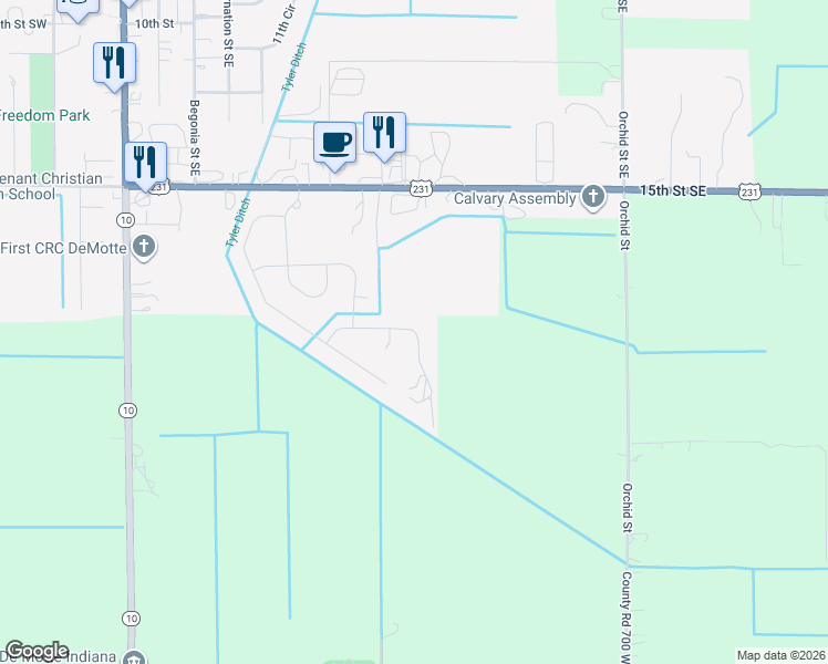 map of restaurants, bars, coffee shops, grocery stores, and more near 605 Holly Street Southeast in De Motte