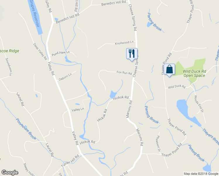 map of restaurants, bars, coffee shops, grocery stores, and more near 174 Fox Run Road in New Canaan