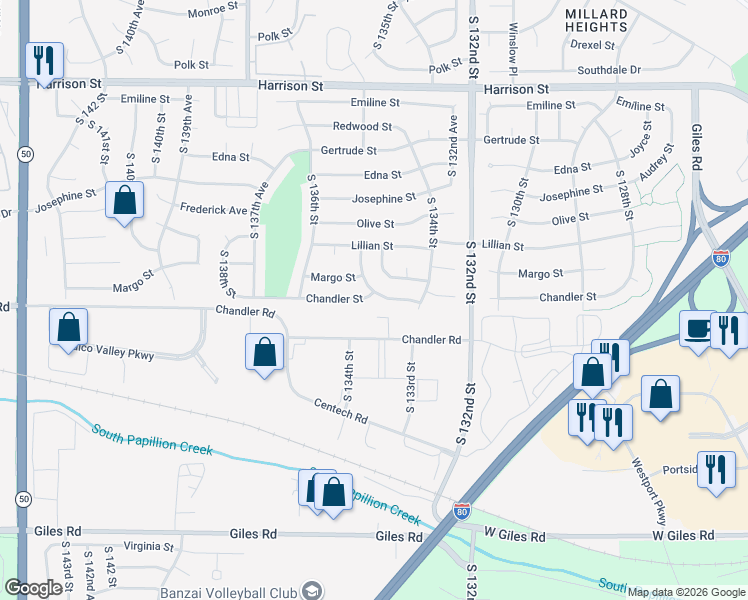 map of restaurants, bars, coffee shops, grocery stores, and more near 13564 Chandler Street in Omaha