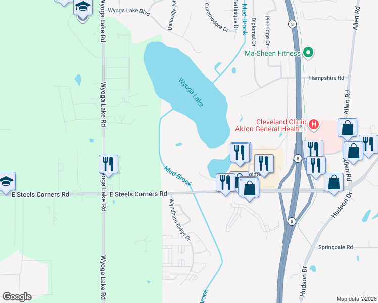 map of restaurants, bars, coffee shops, grocery stores, and more near 657 East Steels Corners Road in Stow