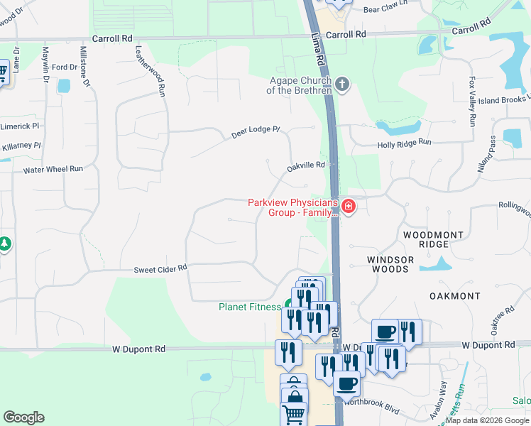 map of restaurants, bars, coffee shops, grocery stores, and more near 11112 Summer Chase Road in Fort Wayne
