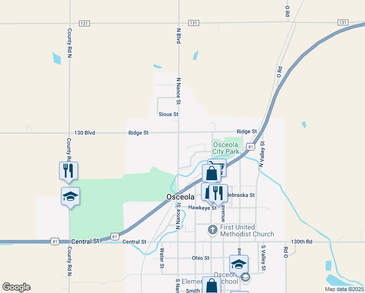map of restaurants, bars, coffee shops, grocery stores, and more near 640 North Nance Street in Osceola