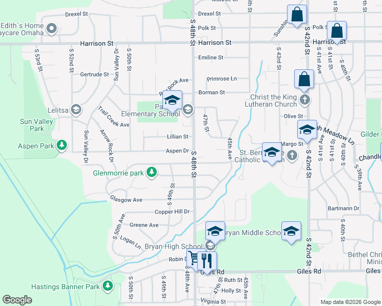 map of restaurants, bars, coffee shops, grocery stores, and more near 4801 Aspen Drive in Omaha