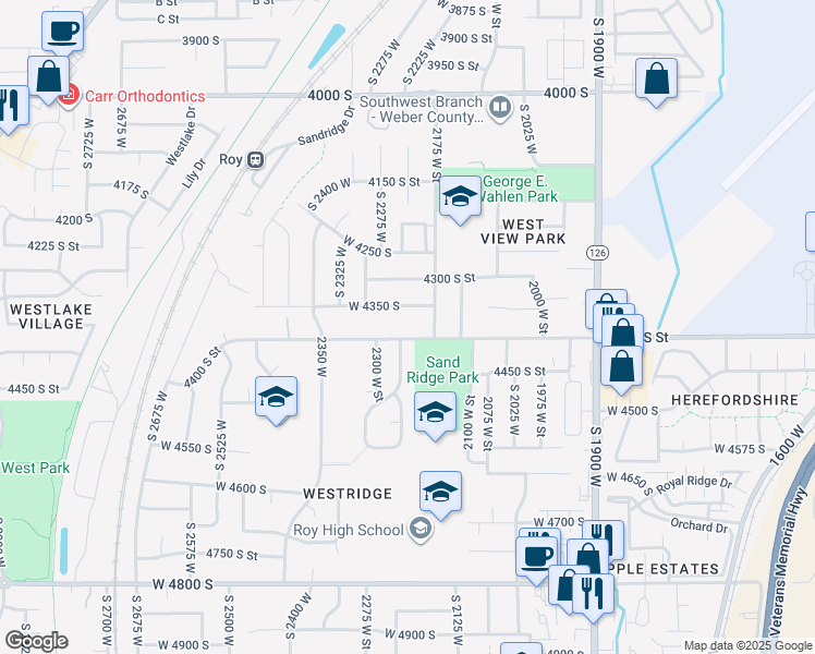 map of restaurants, bars, coffee shops, grocery stores, and more near 2218 West 4400 South in Roy