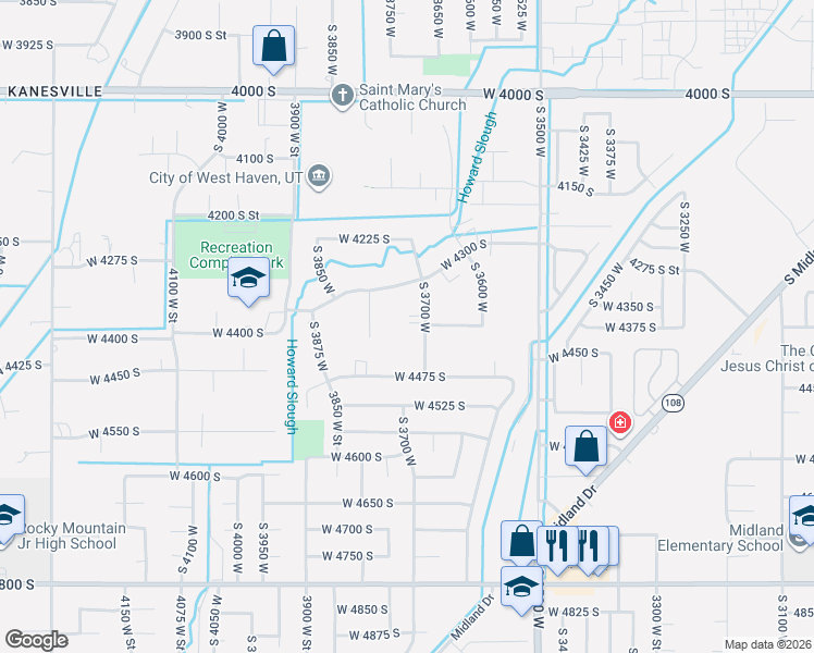 map of restaurants, bars, coffee shops, grocery stores, and more near 4381 South 3700 West in West Haven