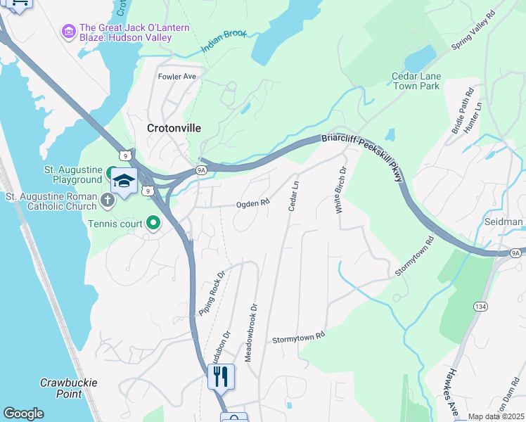 map of restaurants, bars, coffee shops, grocery stores, and more near 2 Briarcliff Drive South in Ossining
