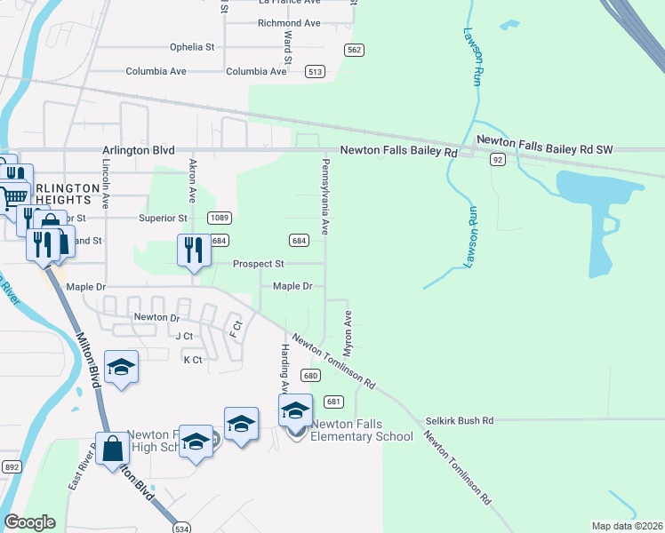 map of restaurants, bars, coffee shops, grocery stores, and more near 2191 Pennsylvania Avenue in Newton Falls