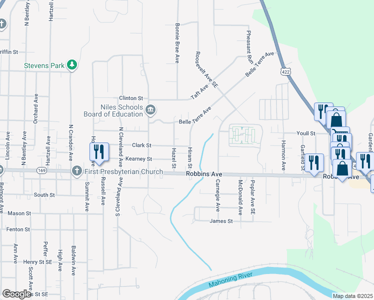 map of restaurants, bars, coffee shops, grocery stores, and more near 1540 Hiram Street in Niles