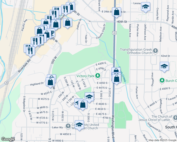 map of restaurants, bars, coffee shops, grocery stores, and more near 184 4300 South in Washington Terrace