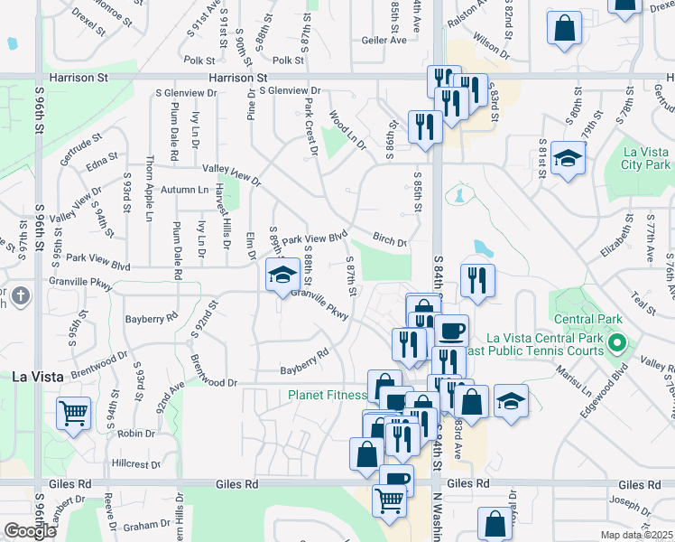 map of restaurants, bars, coffee shops, grocery stores, and more near 8707 Cherry Lane Court in La Vista