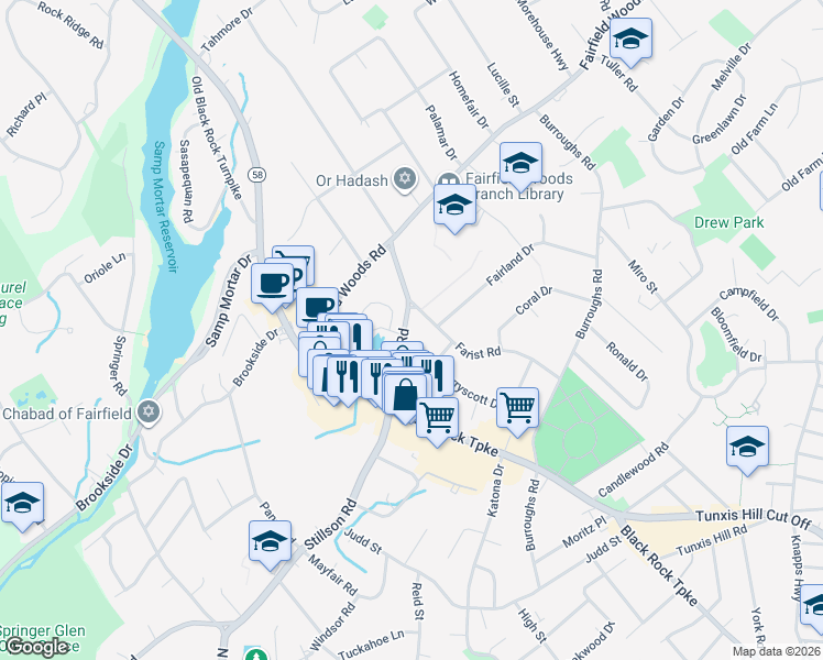 map of restaurants, bars, coffee shops, grocery stores, and more near 185 Stillson Road in Fairfield