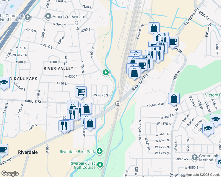 map of restaurants, bars, coffee shops, grocery stores, and more near 4375 South Weber Drive in Riverdale