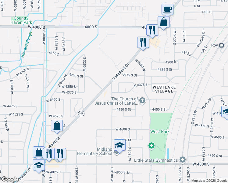 map of restaurants, bars, coffee shops, grocery stores, and more near 3084 West 4375 South in Roy