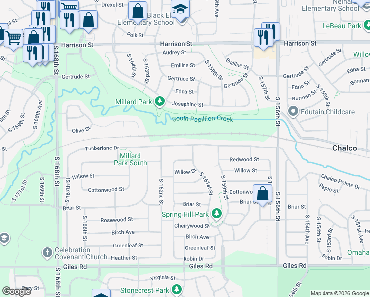map of restaurants, bars, coffee shops, grocery stores, and more near 16109 Timberlane Drive in Omaha