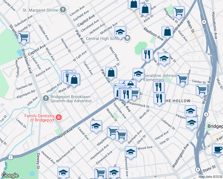 map of restaurants, bars, coffee shops, grocery stores, and more near 1815 Park Avenue in Bridgeport