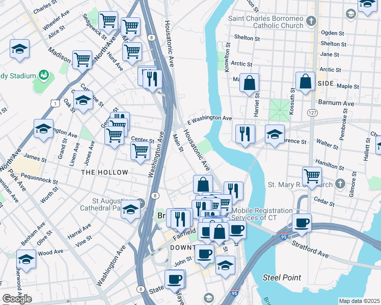 map of restaurants, bars, coffee shops, grocery stores, and more near 1450 Main Street in Bridgeport
