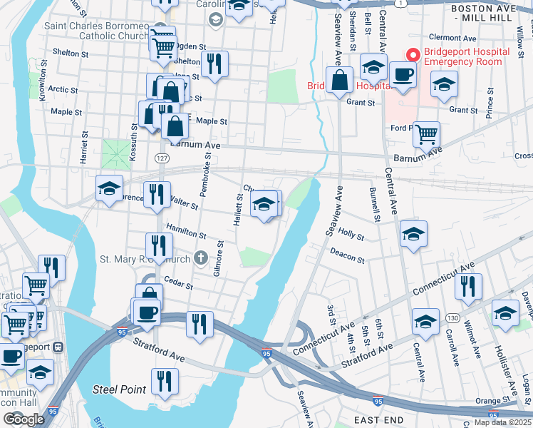 map of restaurants, bars, coffee shops, grocery stores, and more near 219 Martin Luther King Drive in Bridgeport