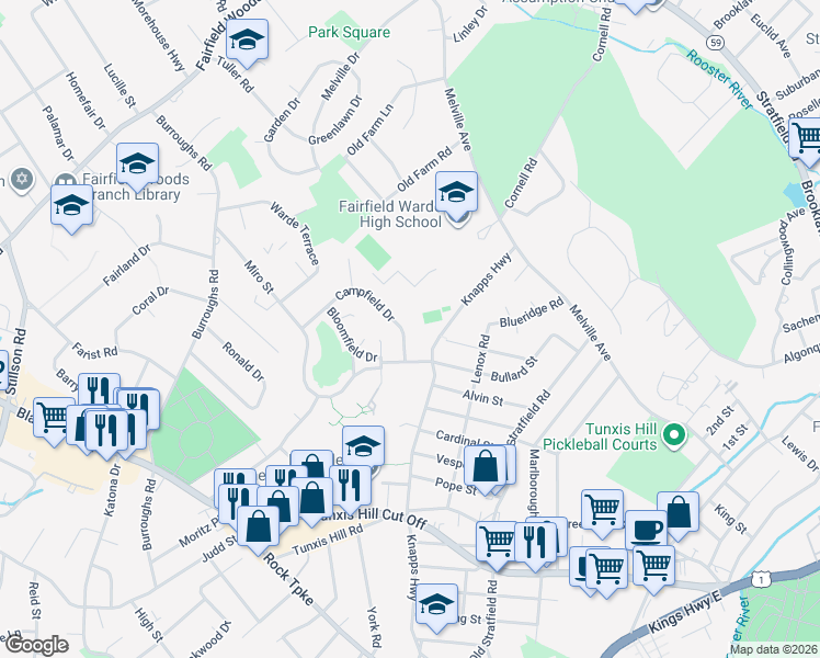 map of restaurants, bars, coffee shops, grocery stores, and more near 16 Campfield Drive in Fairfield