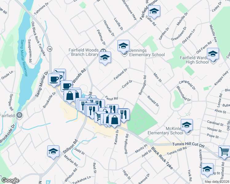 map of restaurants, bars, coffee shops, grocery stores, and more near 30 Coral Drive in Fairfield