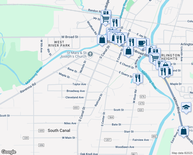 map of restaurants, bars, coffee shops, grocery stores, and more near 55 Bane Street in Newton Falls