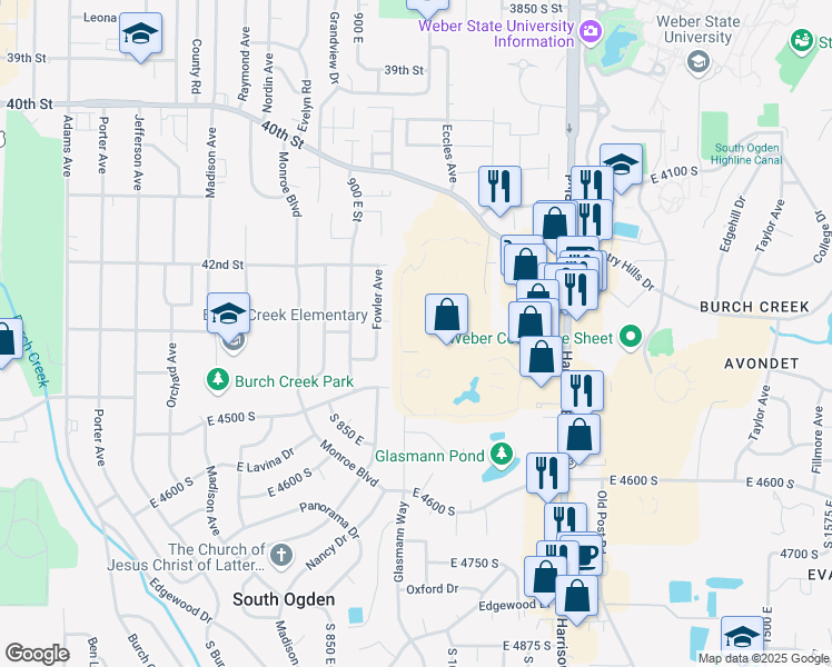 map of restaurants, bars, coffee shops, grocery stores, and more near 4401 Harrison Boulevard in Ogden