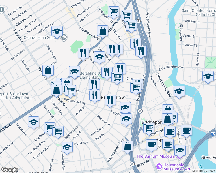 map of restaurants, bars, coffee shops, grocery stores, and more near 200 Calhoun Avenue in Bridgeport