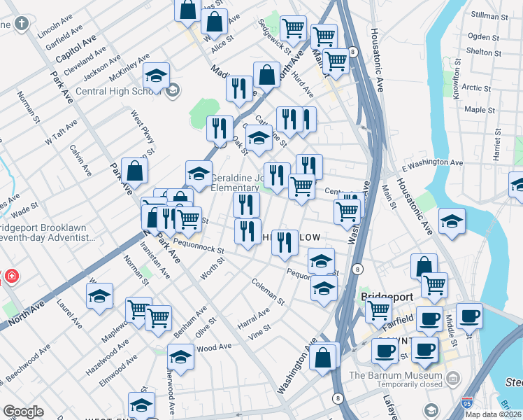 map of restaurants, bars, coffee shops, grocery stores, and more near 157 Jones Avenue in Bridgeport
