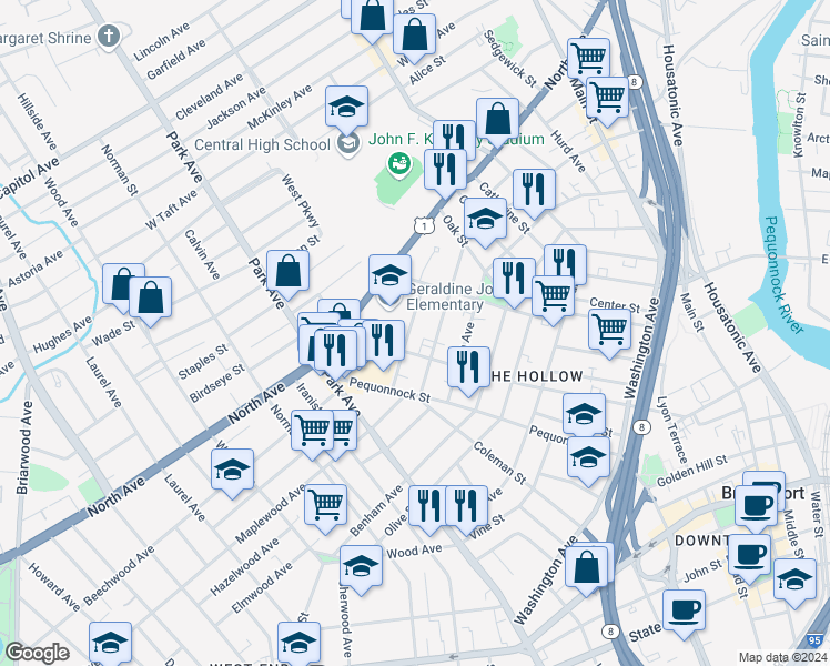 map of restaurants, bars, coffee shops, grocery stores, and more near 138a Chestnut Street in Bridgeport