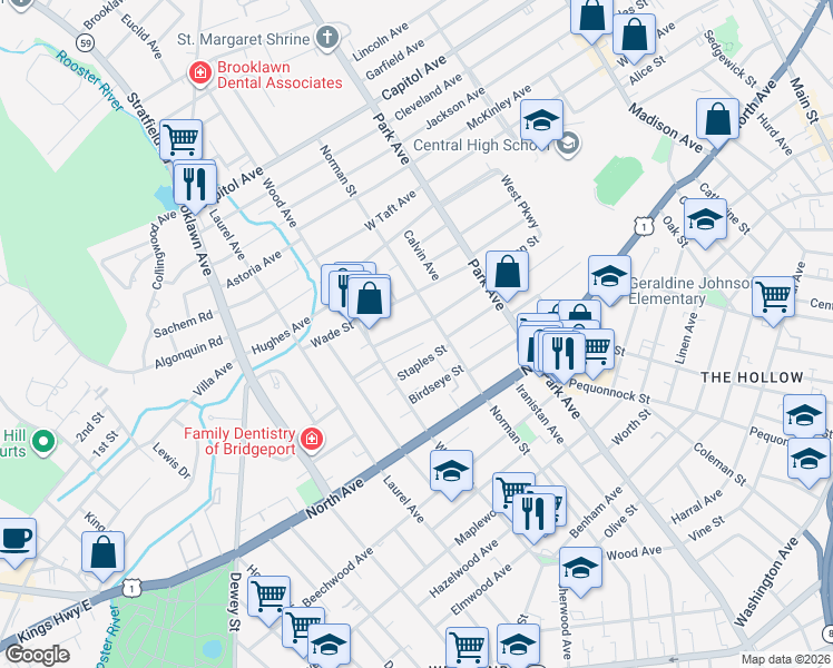 map of restaurants, bars, coffee shops, grocery stores, and more near 204 Eaton Street in Bridgeport