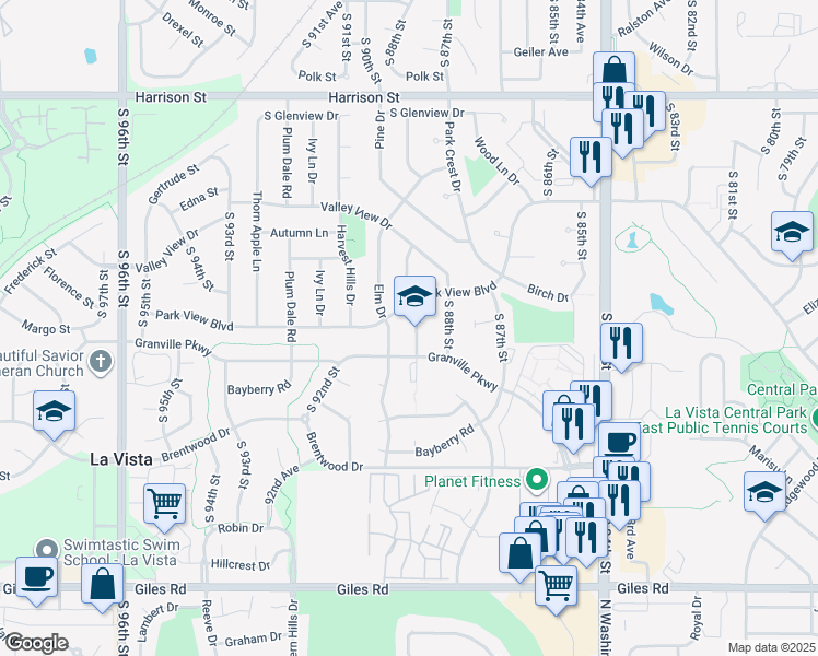 map of restaurants, bars, coffee shops, grocery stores, and more near 7534 South 89th Street in La Vista