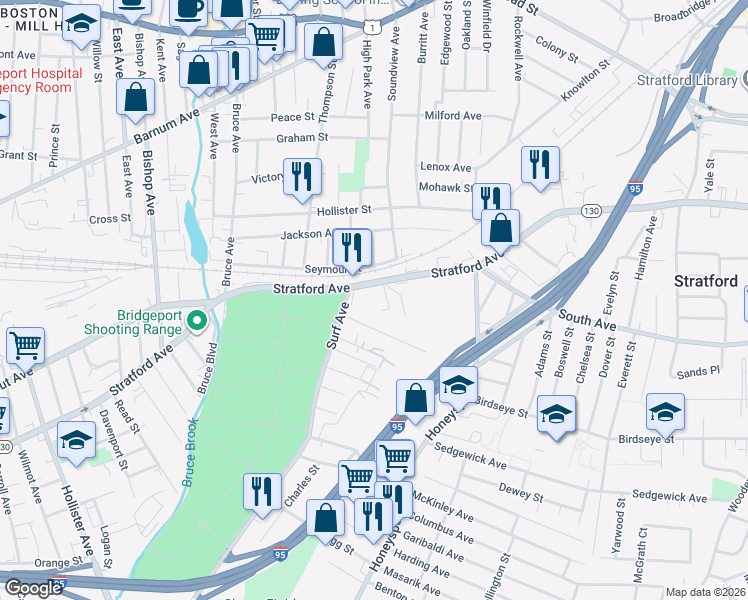 map of restaurants, bars, coffee shops, grocery stores, and more near 1915 Stratford Avenue in Stratford