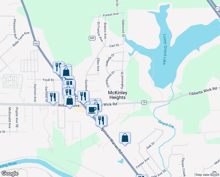 map of restaurants, bars, coffee shops, grocery stores, and more near Crestmont Drive in Girard
