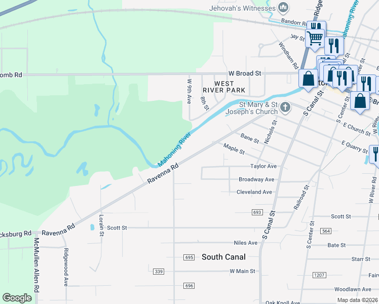 map of restaurants, bars, coffee shops, grocery stores, and more near 670 Ravenna Road in Newton Falls