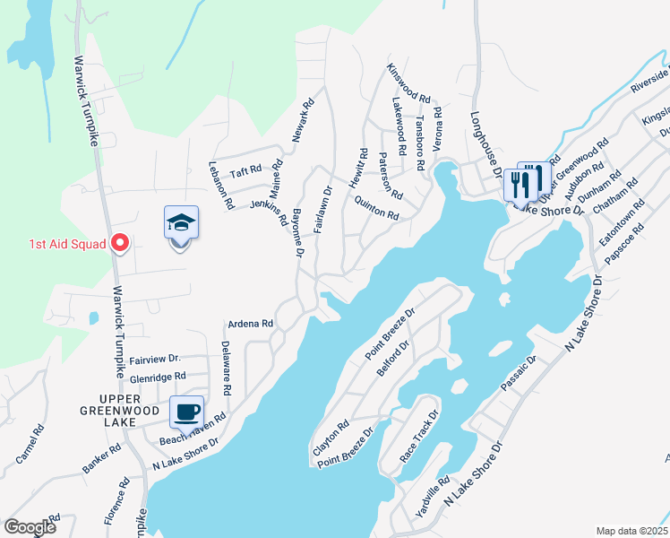 map of restaurants, bars, coffee shops, grocery stores, and more near 1 Hewitt Road in West Milford