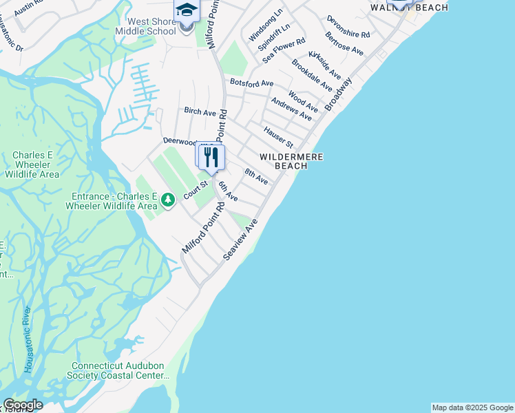 map of restaurants, bars, coffee shops, grocery stores, and more near 24 6th Avenue in Milford