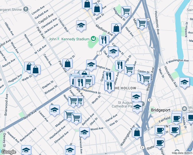 map of restaurants, bars, coffee shops, grocery stores, and more near 138a Chestnut Street in Bridgeport