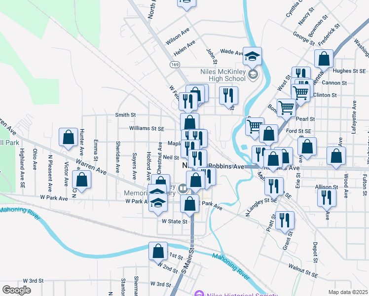 map of restaurants, bars, coffee shops, grocery stores, and more near 21 Maple St in Niles