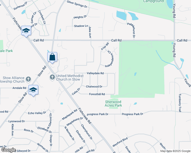 map of restaurants, bars, coffee shops, grocery stores, and more near 4658 Friar Rd in Stow
