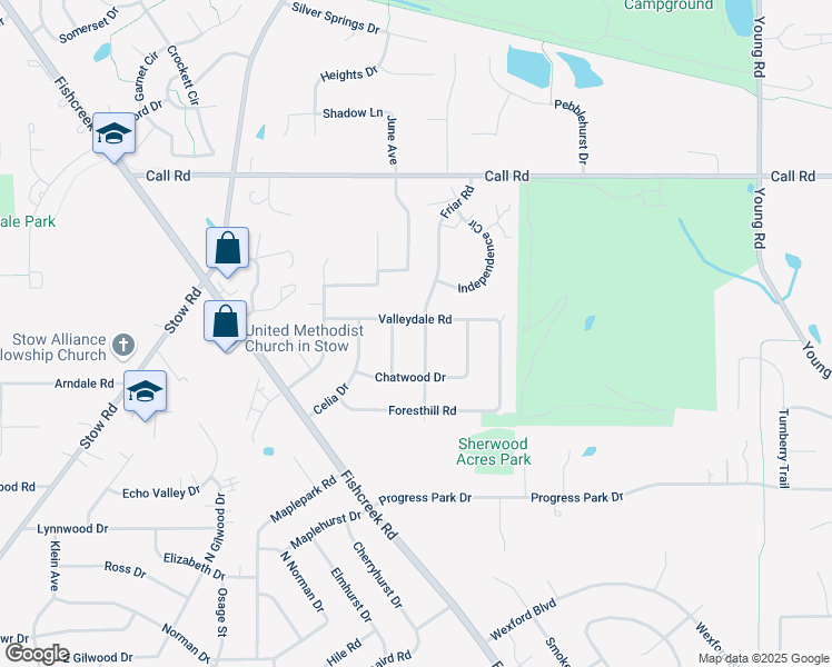 map of restaurants, bars, coffee shops, grocery stores, and more near 4658 Friar Road in Stow