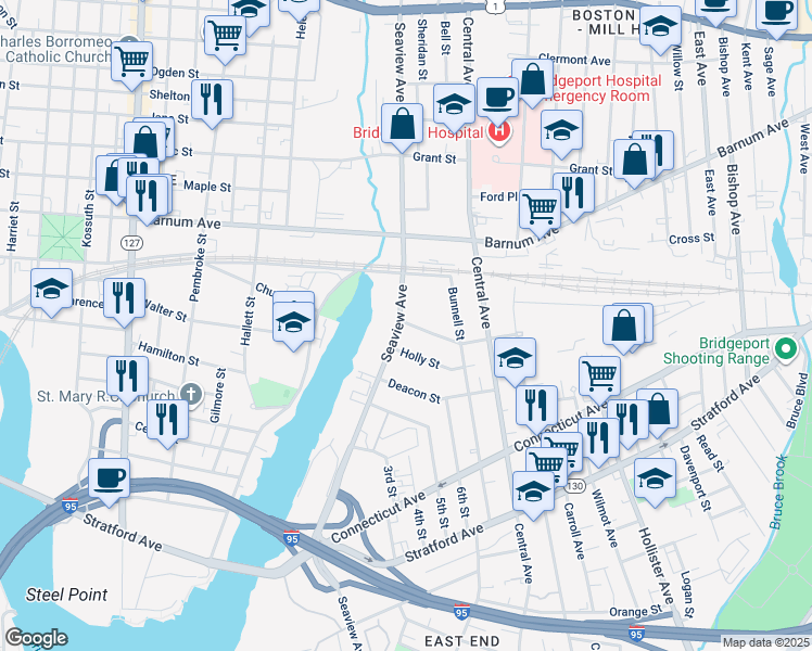 map of restaurants, bars, coffee shops, grocery stores, and more near 1542 Seaview Avenue in Bridgeport