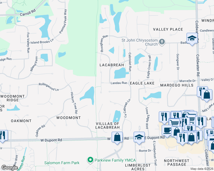 map of restaurants, bars, coffee shops, grocery stores, and more near 405 Landau Run in Fort Wayne