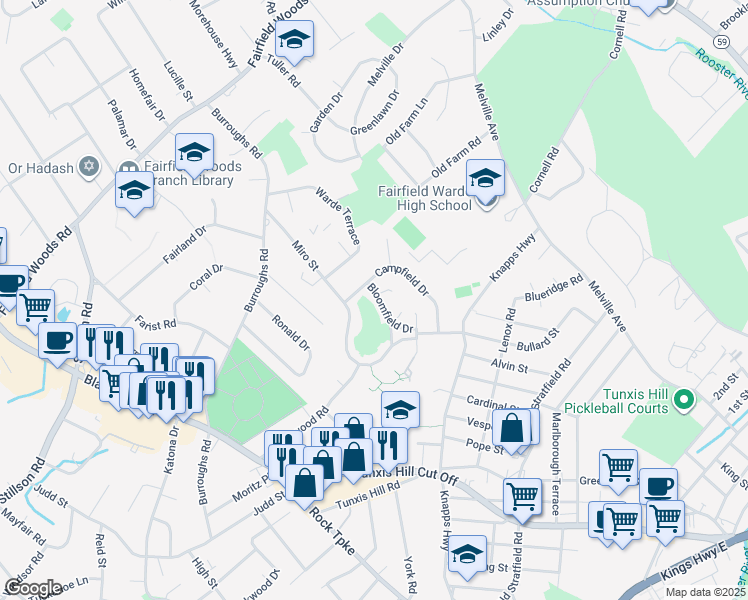 map of restaurants, bars, coffee shops, grocery stores, and more near 25 Bloomfield Drive in Fairfield