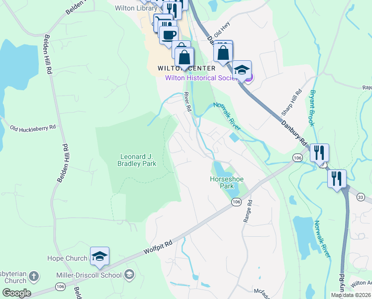 map of restaurants, bars, coffee shops, grocery stores, and more near 19 River Ridge Lane in Wilton