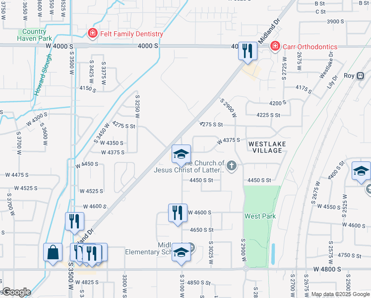 map of restaurants, bars, coffee shops, grocery stores, and more near 3084 West 4375 South in Roy